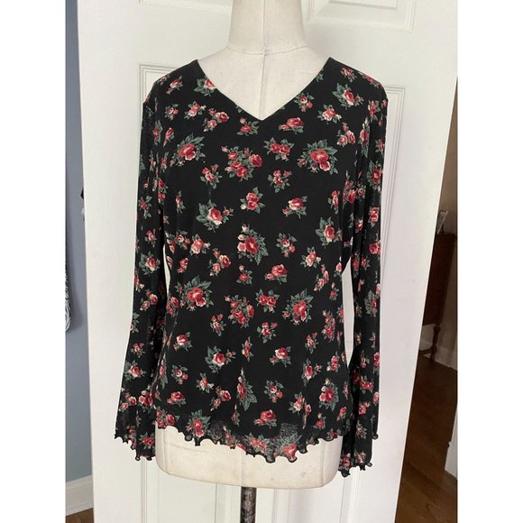 Style & Co black floral L/S top with bell sleeves MED - Picture 1 of 4